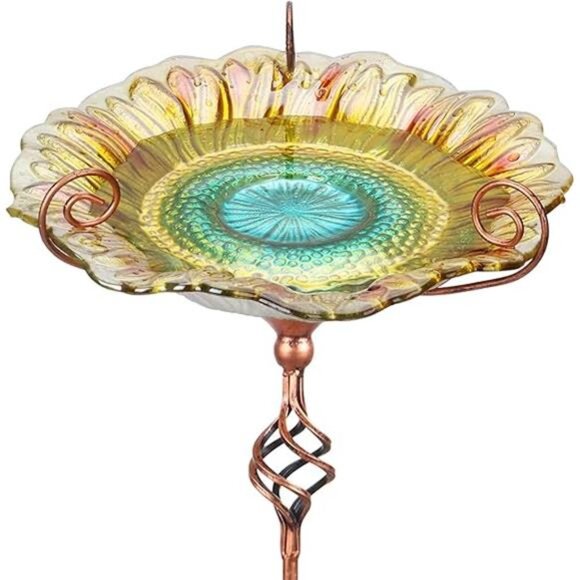 Bird Baths for Outdoors, Glass Birdbaths Outdoor Garden Birdfeeder with Metal - Picture 8 of 16